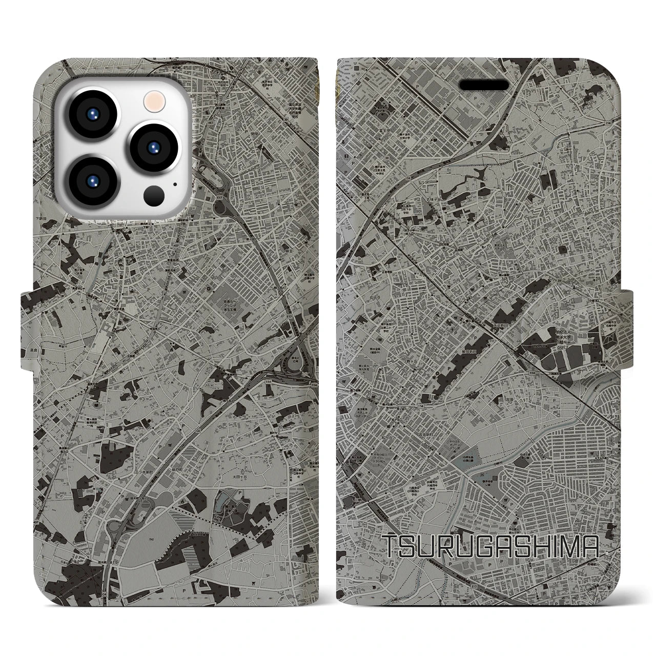 【鶴ヶ島(埼玉県)】地図柄iPhoneケース(手帳タイプ)モノトーン・iPhone 13 Pro 用