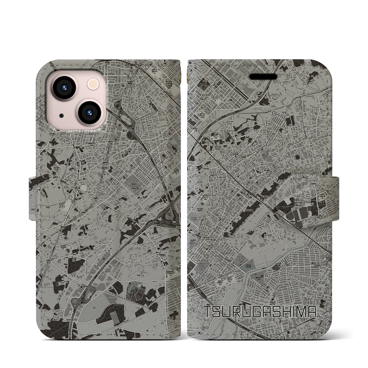 【鶴ヶ島(埼玉県)】地図柄iPhoneケース(手帳タイプ)モノトーン・iPhone 13 mini 用