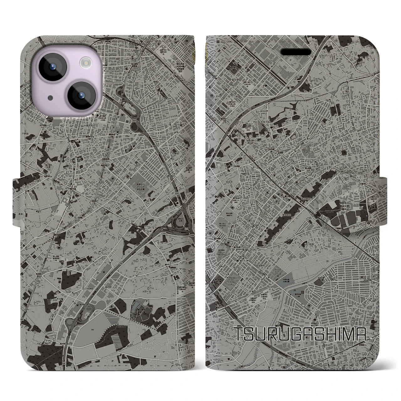 【鶴ヶ島(埼玉県)】地図柄iPhoneケース(手帳タイプ)モノトーン・iPhone 14 用