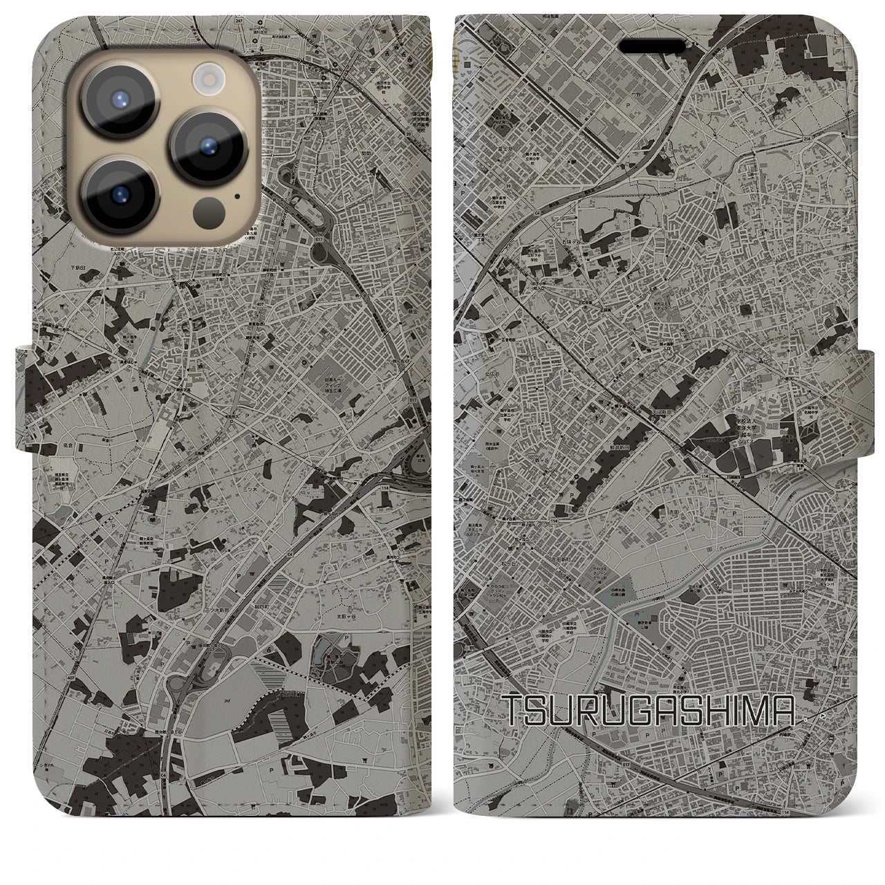 【鶴ヶ島(埼玉県)】地図柄iPhoneケース(手帳タイプ)モノトーン・iPhone 14 Pro Max 用