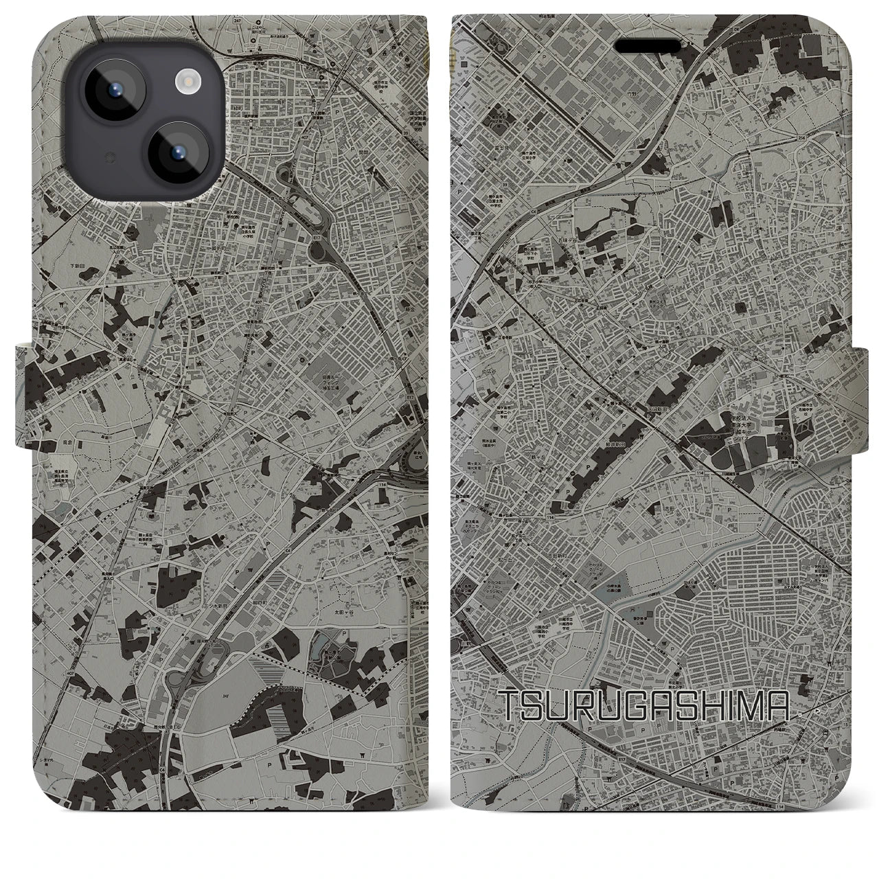 【鶴ヶ島(埼玉県)】地図柄iPhoneケース(手帳タイプ)モノトーン・iPhone 14 Plus 用