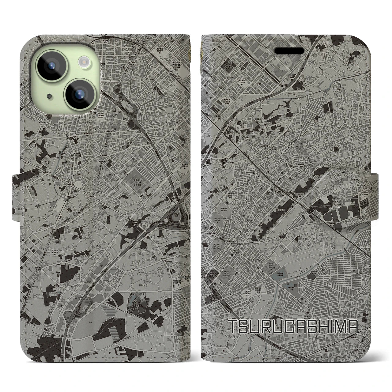 【鶴ヶ島(埼玉県)】地図柄iPhoneケース(手帳タイプ)モノトーン・iPhone 15 用