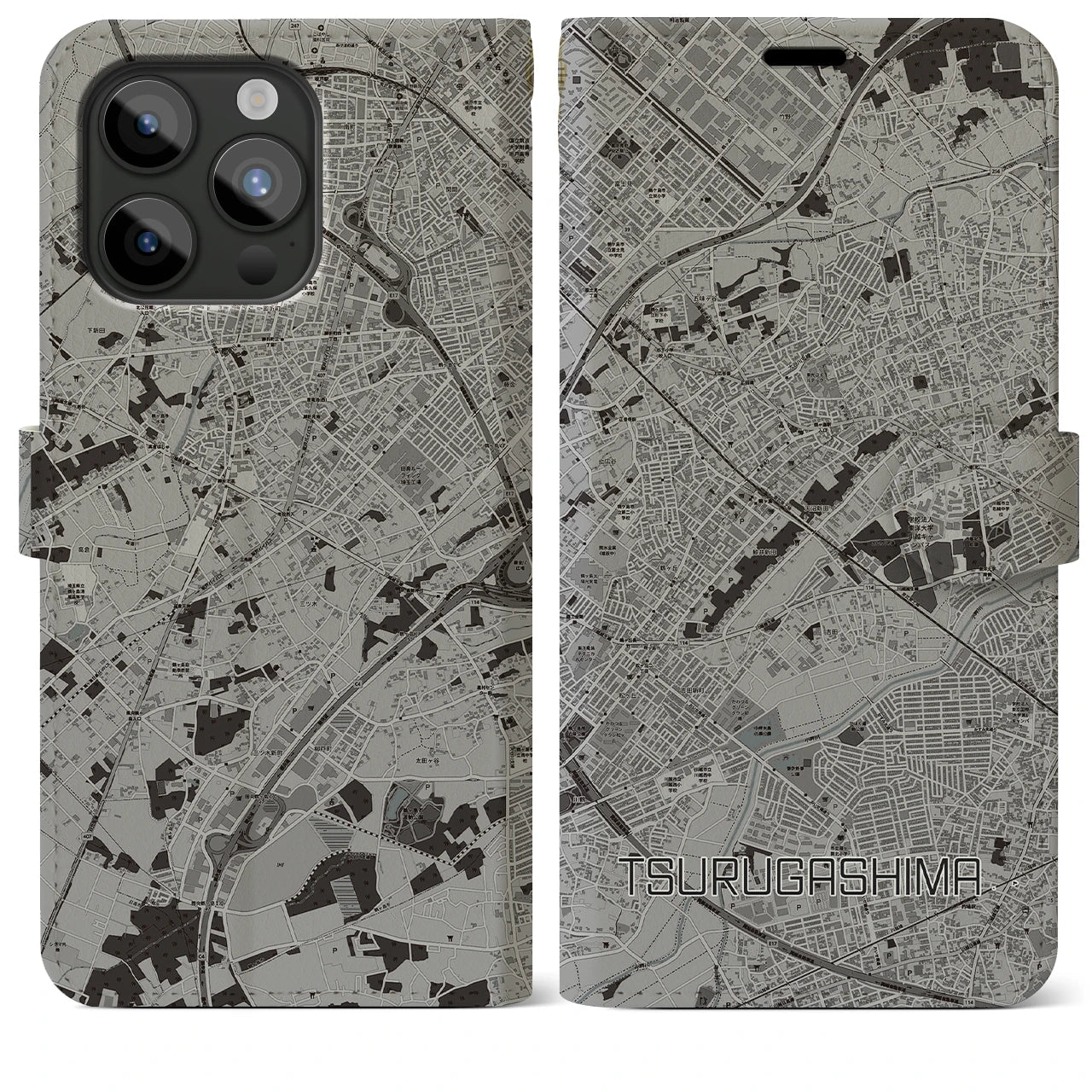 【鶴ヶ島(埼玉県)】地図柄iPhoneケース(手帳タイプ)モノトーン・iPhone 15 Pro Max 用