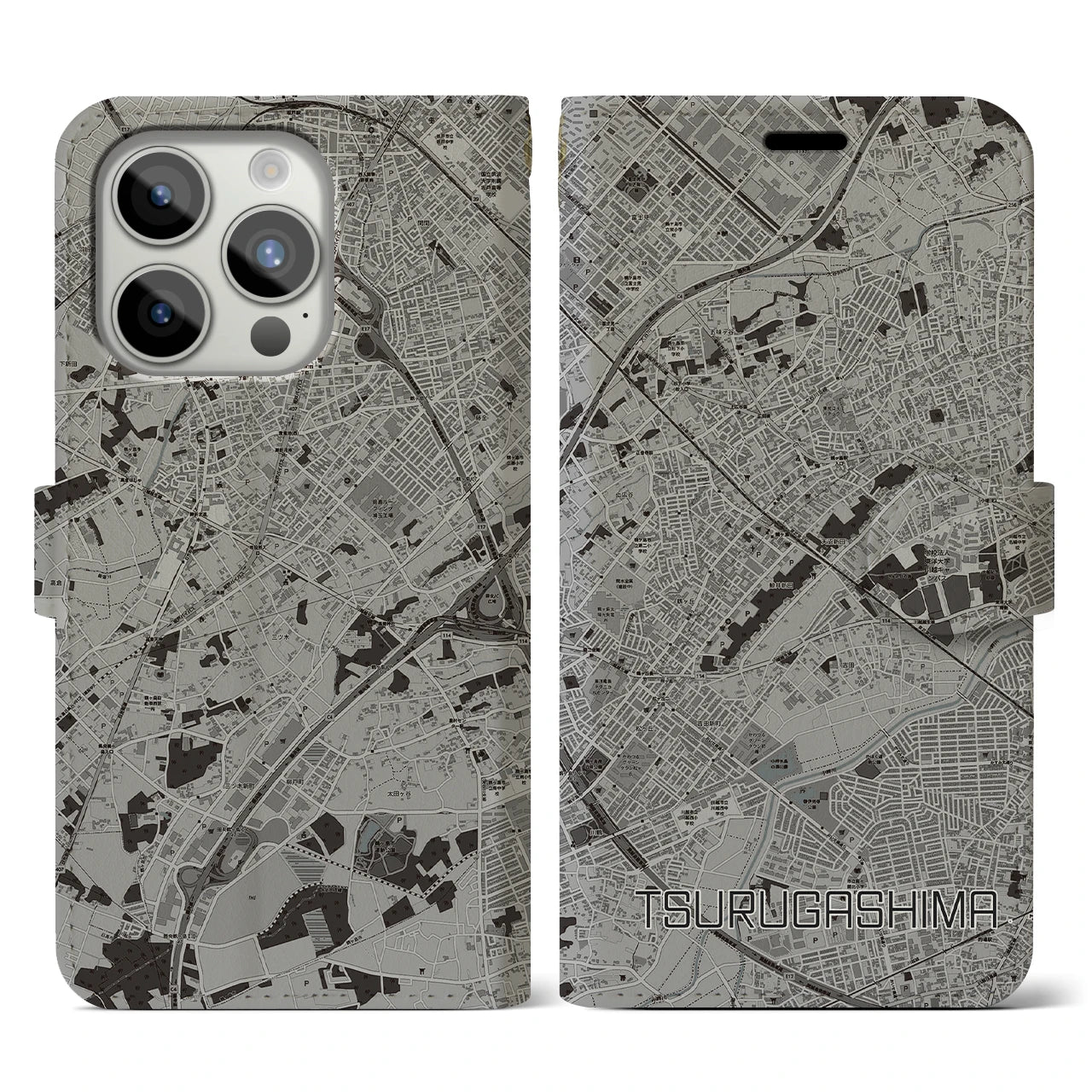 【鶴ヶ島(埼玉県)】地図柄iPhoneケース(手帳タイプ)モノトーン・iPhone 15 Pro 用