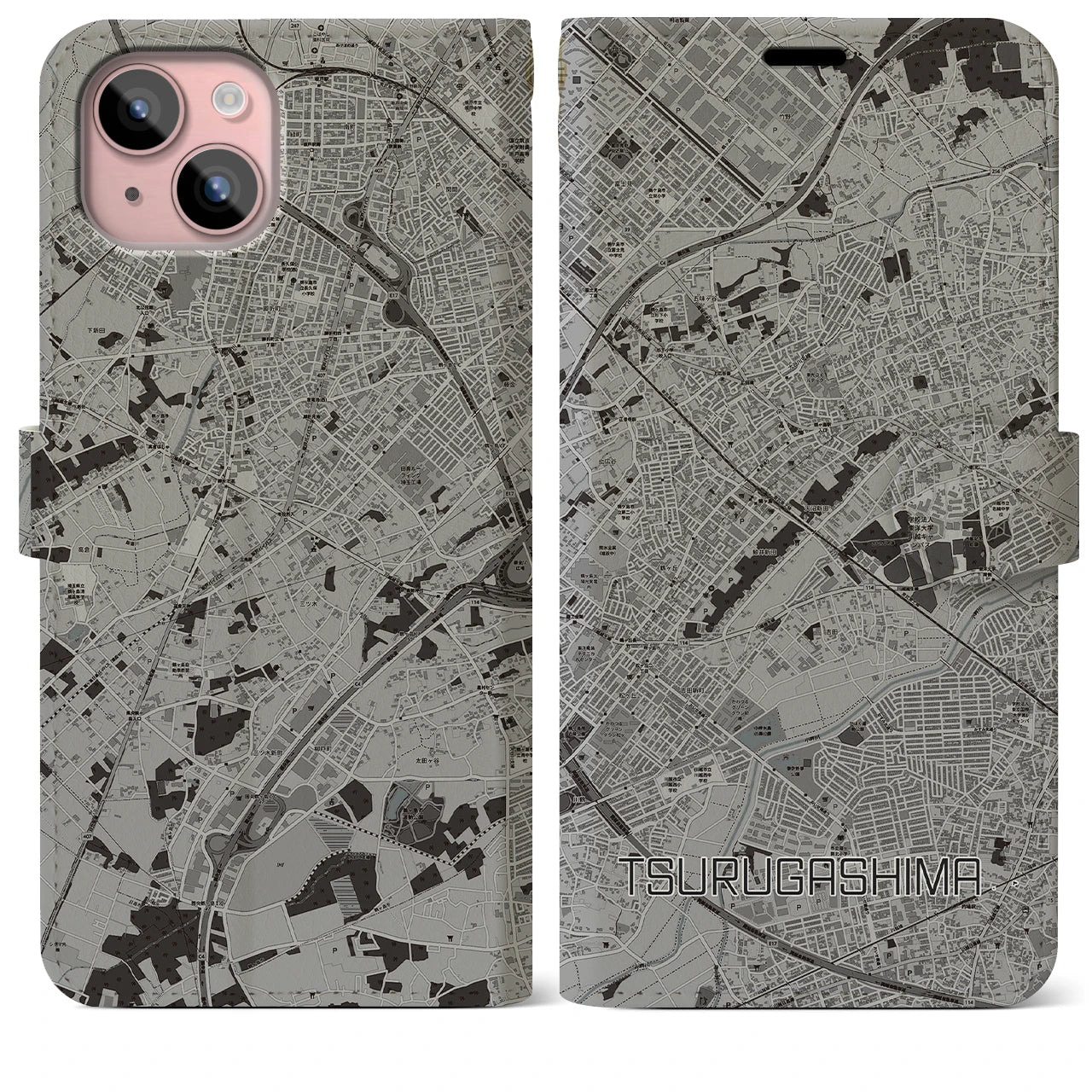【鶴ヶ島(埼玉県)】地図柄iPhoneケース(手帳タイプ)モノトーン・iPhone 15 Plus 用