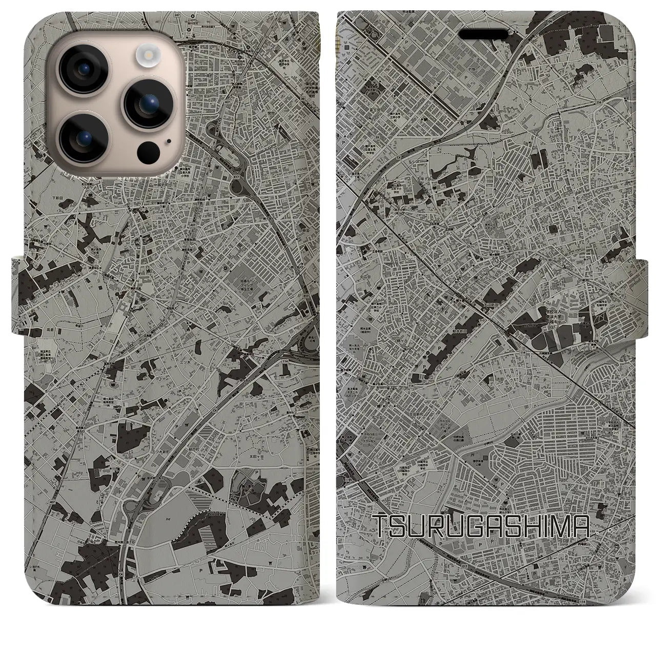 【鶴ヶ島(埼玉県)】地図柄iPhoneケース(手帳タイプ)モノトーン・iPhone 16 Plus 用