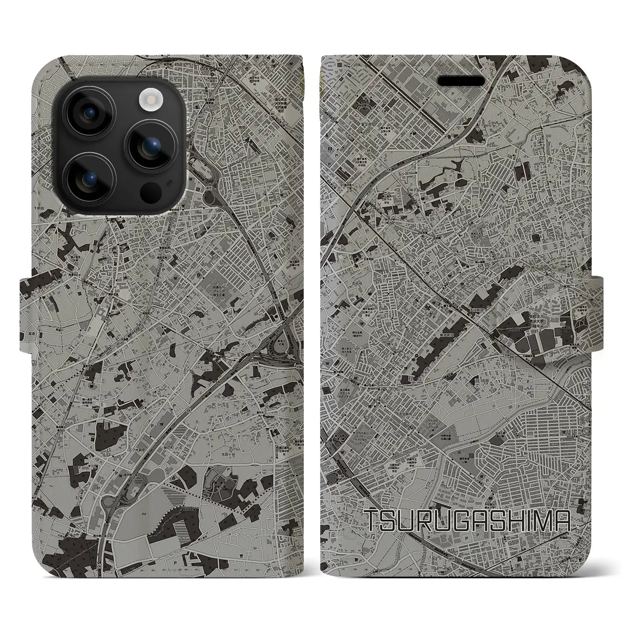 【鶴ヶ島(埼玉県)】地図柄iPhoneケース(手帳タイプ)モノトーン・iPhone 16 用
