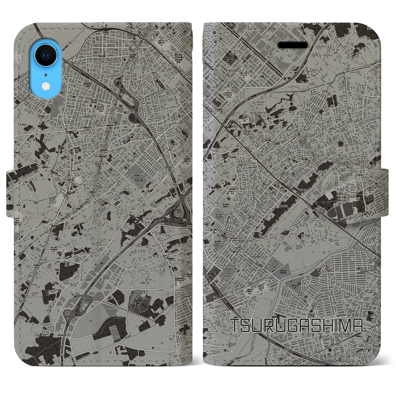 【鶴ヶ島(埼玉県)】地図柄iPhoneケース(手帳タイプ)モノトーン・iPhone XR 用