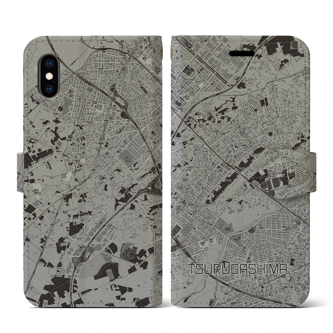 【鶴ヶ島(埼玉県)】地図柄iPhoneケース(手帳タイプ)モノトーン・iPhone XS / X 用