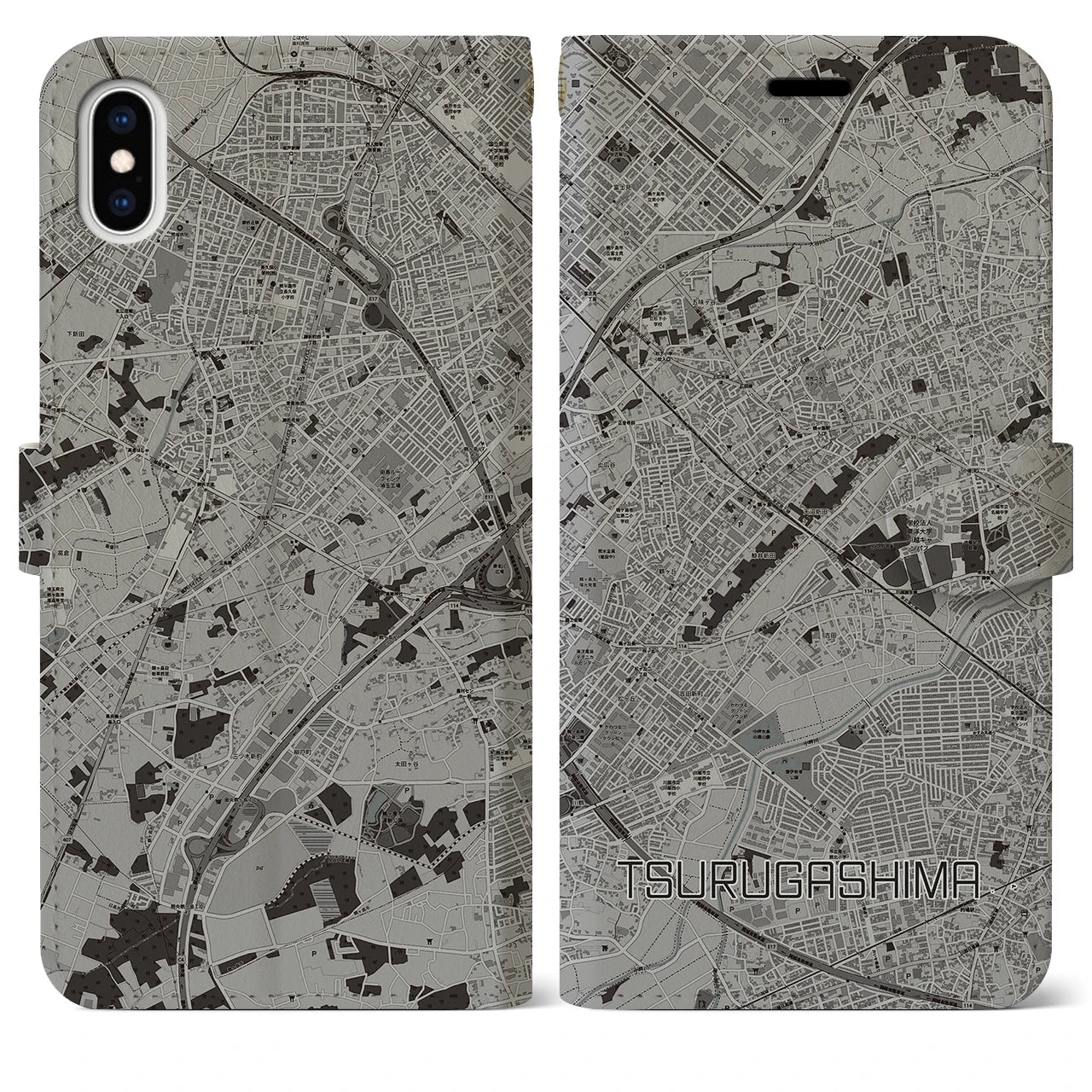 【鶴ヶ島(埼玉県)】地図柄iPhoneケース(手帳タイプ)モノトーン・iPhone XS Max 用