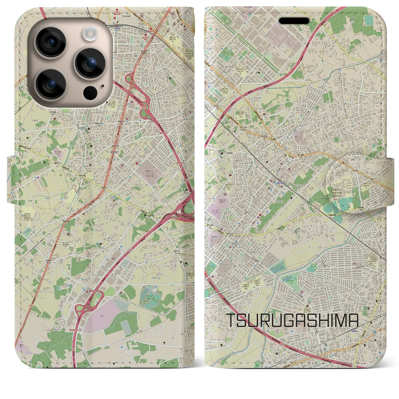【鶴ヶ島(埼玉県)】地図柄iPhoneケース(手帳タイプ)ナチュラル・iPhone 16 Plus 用