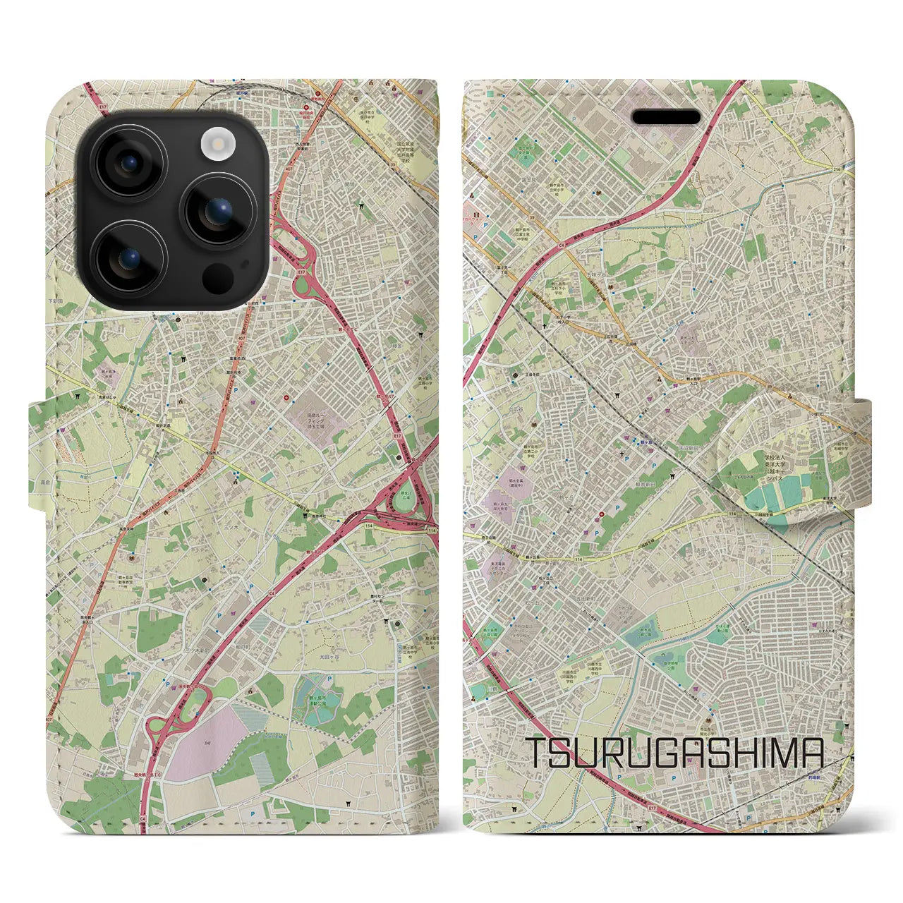 【鶴ヶ島(埼玉県)】地図柄iPhoneケース(手帳タイプ)ナチュラル・iPhone 16 用