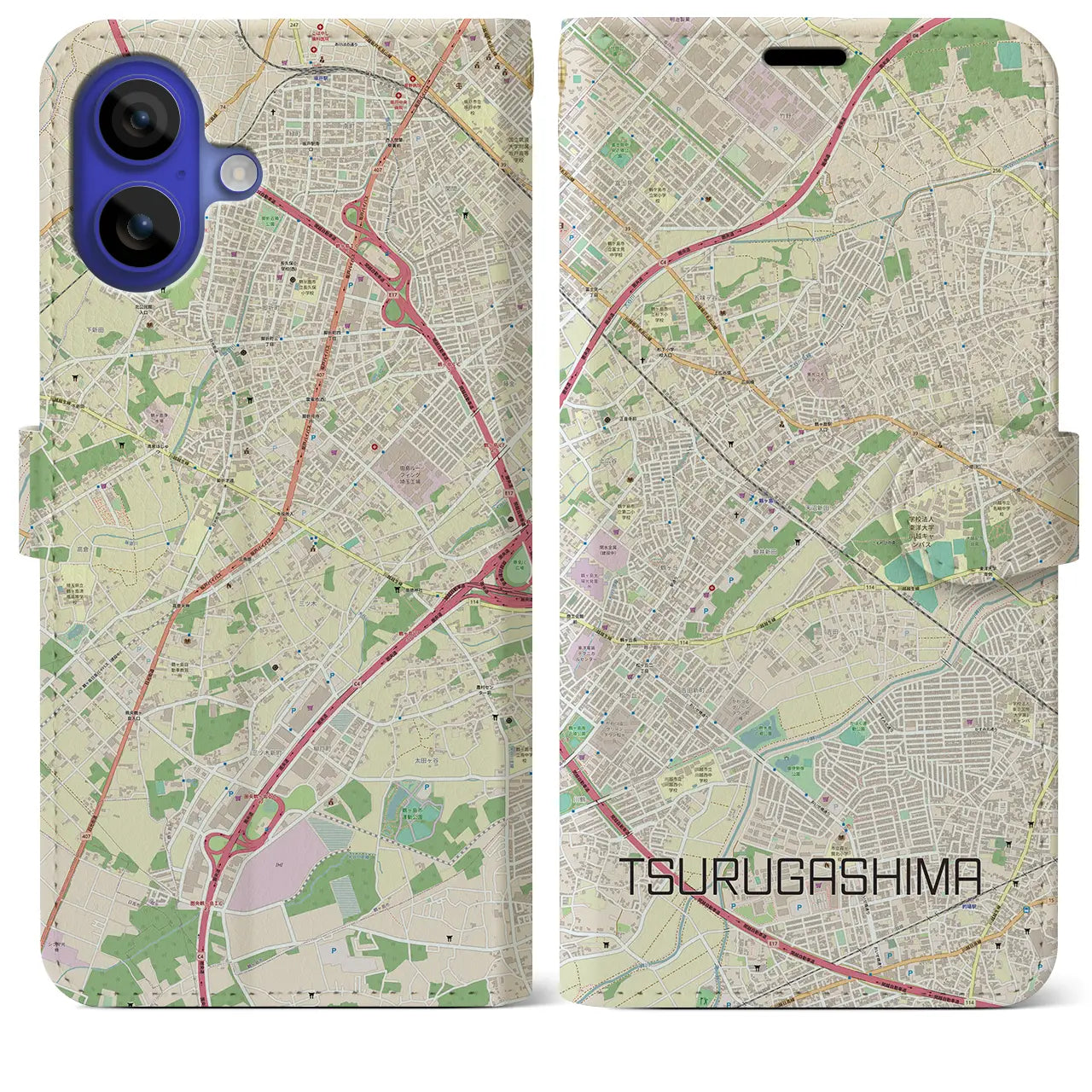 【鶴ヶ島(埼玉県)】地図柄iPhoneケース(手帳タイプ)ナチュラル・iPhone 16 Pro Max 用