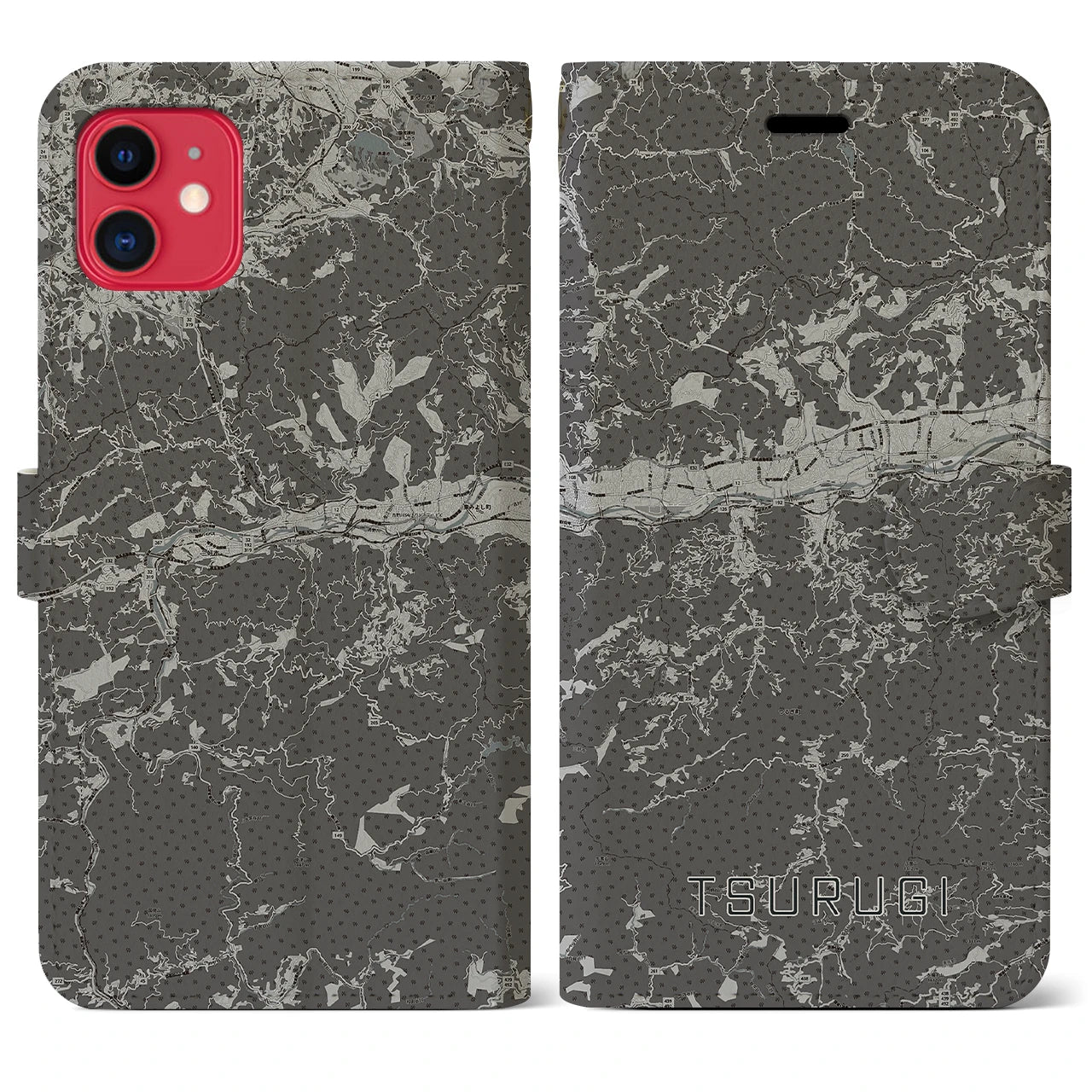 【つるぎ(徳島県)】地図柄iPhoneケース(手帳タイプ)モノトーン・iPhone 11 用