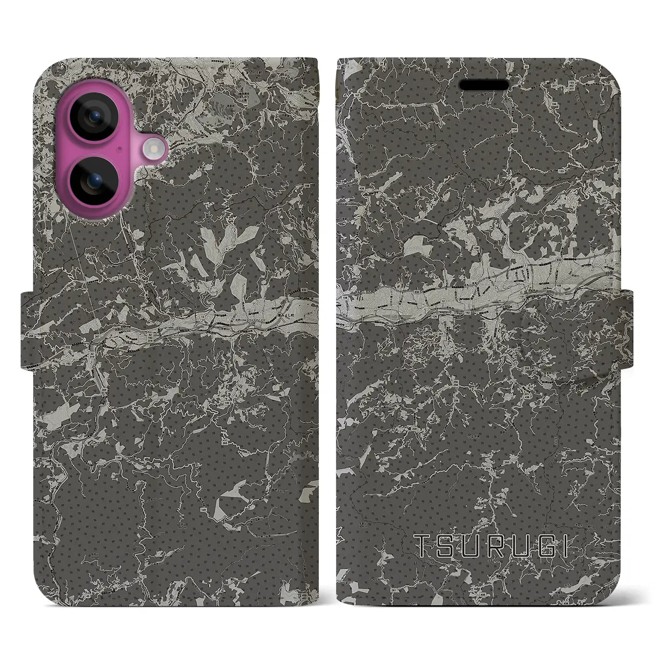 【つるぎ(徳島県)】地図柄iPhoneケース(手帳タイプ)モノトーン・iPhone 16 Pro 用