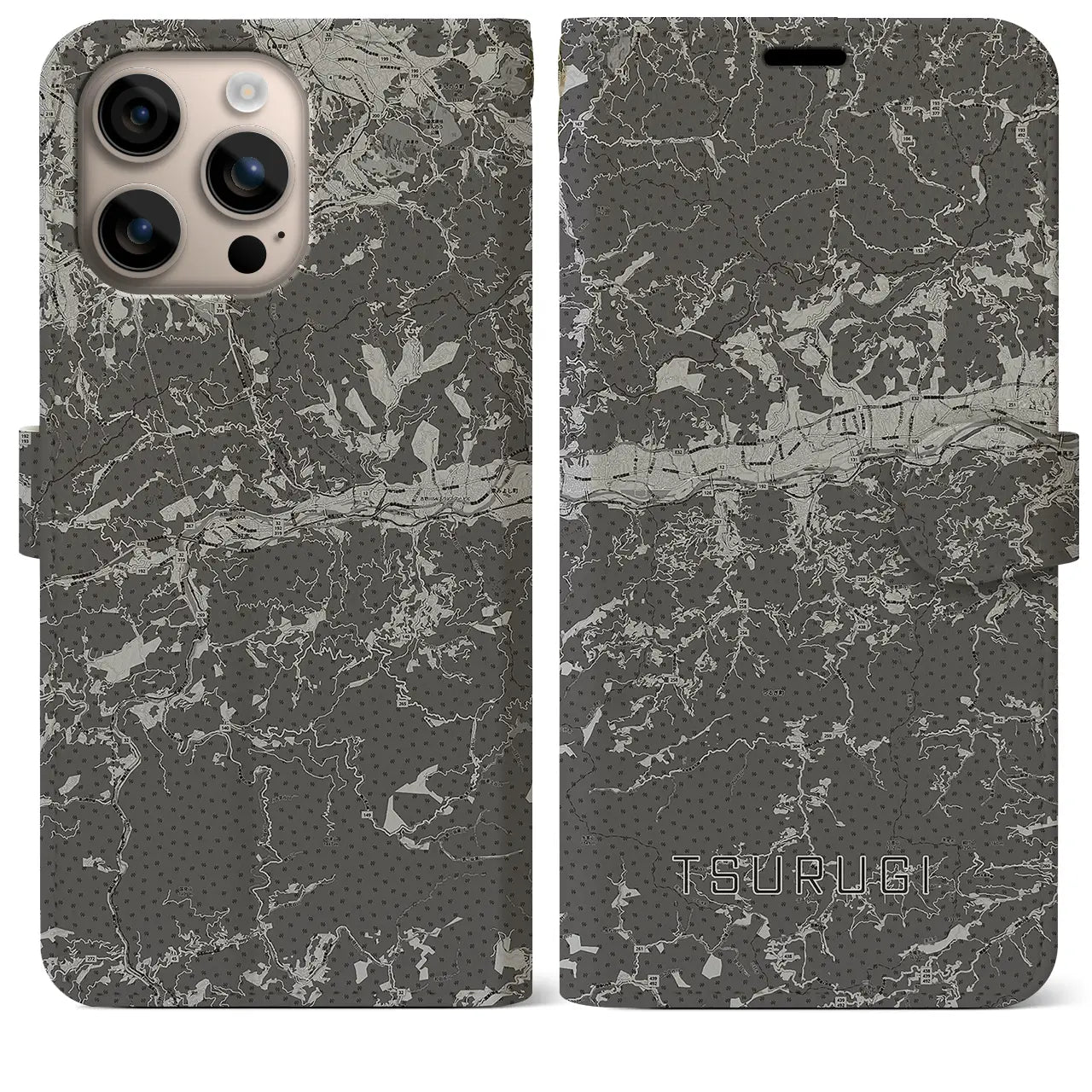 【つるぎ(徳島県)】地図柄iPhoneケース(手帳タイプ)モノトーン・iPhone 16 Plus 用