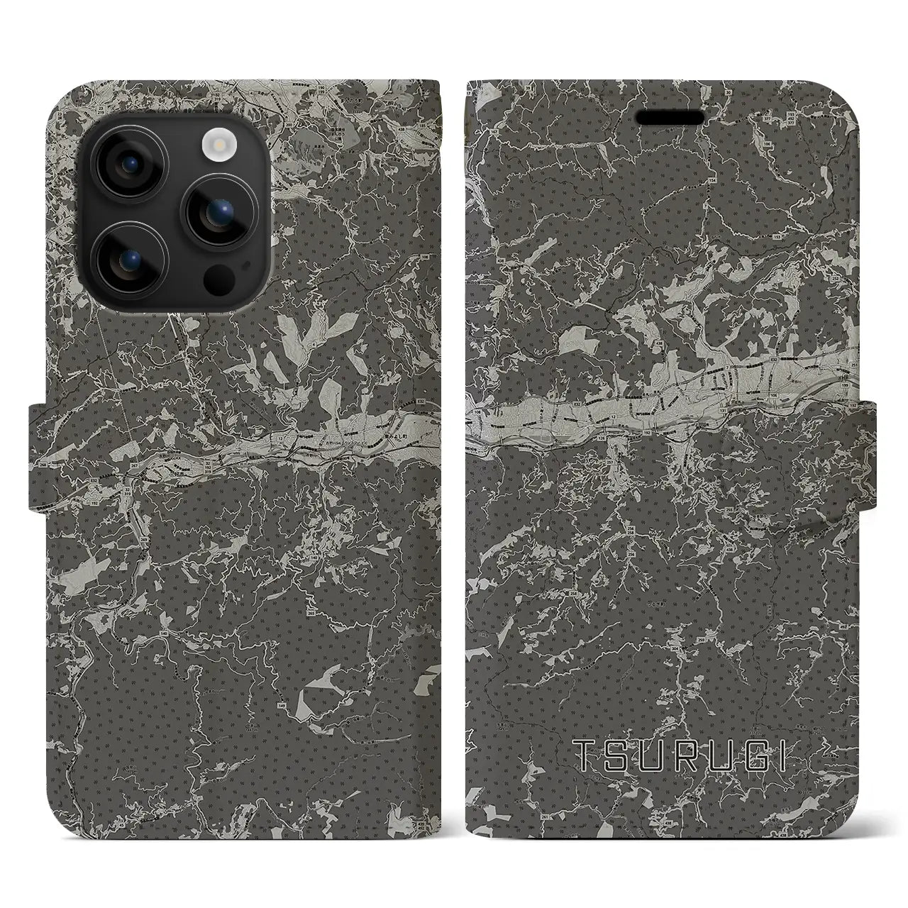 【つるぎ(徳島県)】地図柄iPhoneケース(手帳タイプ)モノトーン・iPhone 16 用