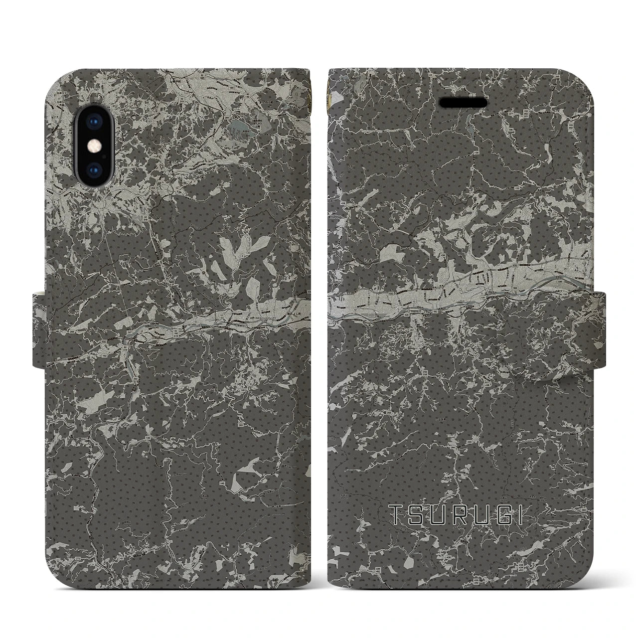 【つるぎ(徳島県)】地図柄iPhoneケース(手帳タイプ)モノトーン・iPhone XS / X 用
