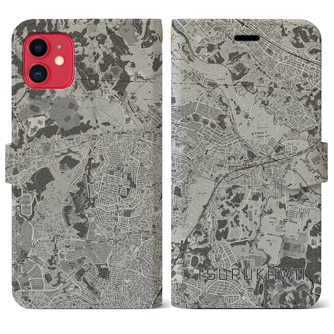 【鶴川(東京都)】地図柄iPhoneケース(手帳タイプ)モノトーン・iPhone 11 用