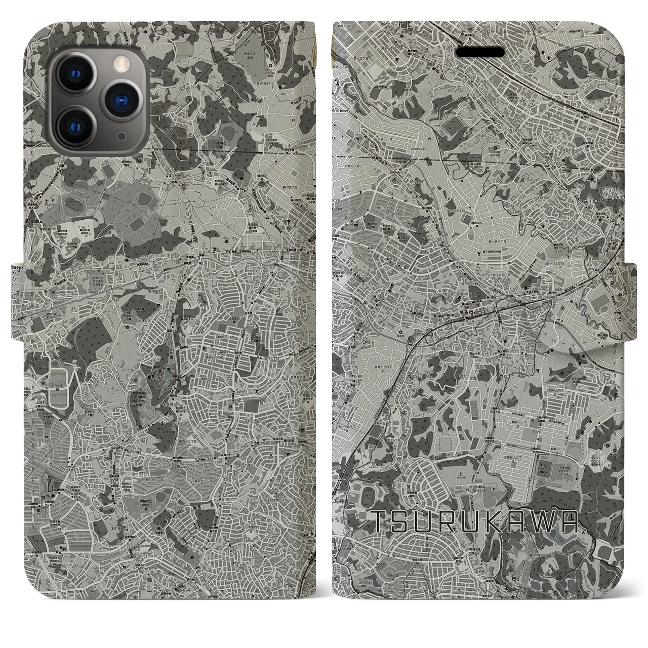 【鶴川(東京都)】地図柄iPhoneケース(手帳タイプ)モノトーン・iPhone 11 Pro Max 用