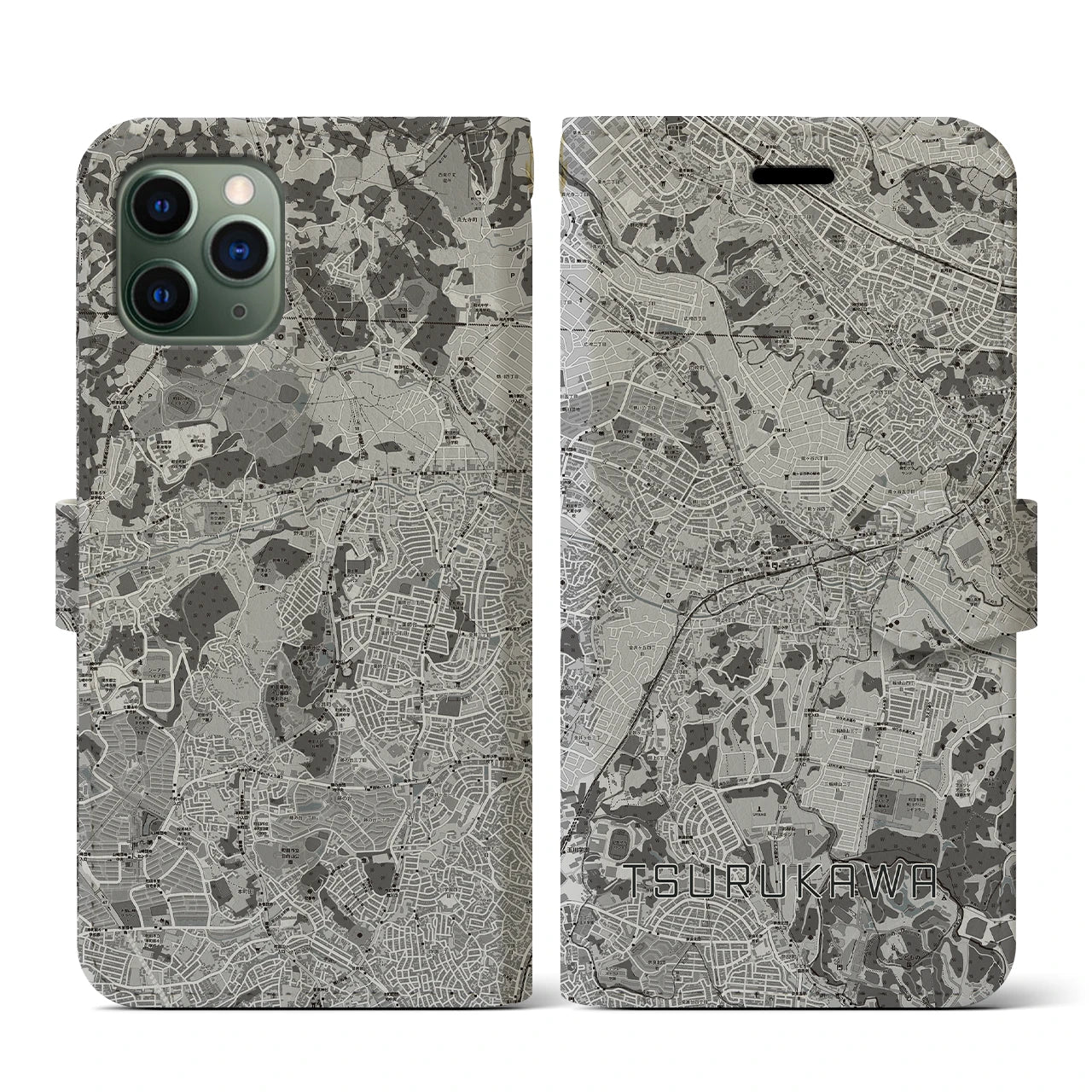 【鶴川(東京都)】地図柄iPhoneケース(手帳タイプ)モノトーン・iPhone 11 Pro 用