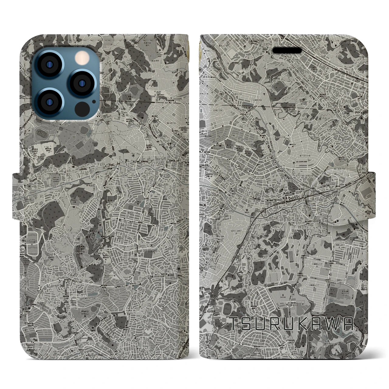 【鶴川(東京都)】地図柄iPhoneケース(手帳タイプ)モノトーン・iPhone 12 / 12 Pro 用