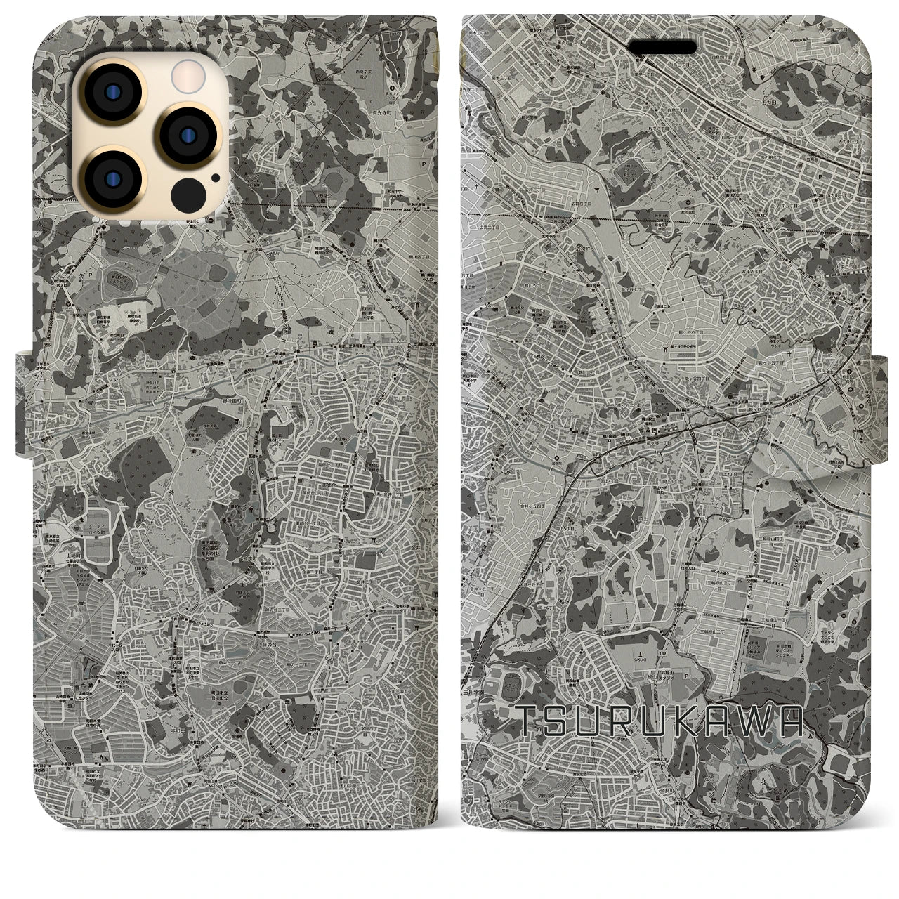 【鶴川(東京都)】地図柄iPhoneケース(手帳タイプ)モノトーン・iPhone 12 Pro Max 用