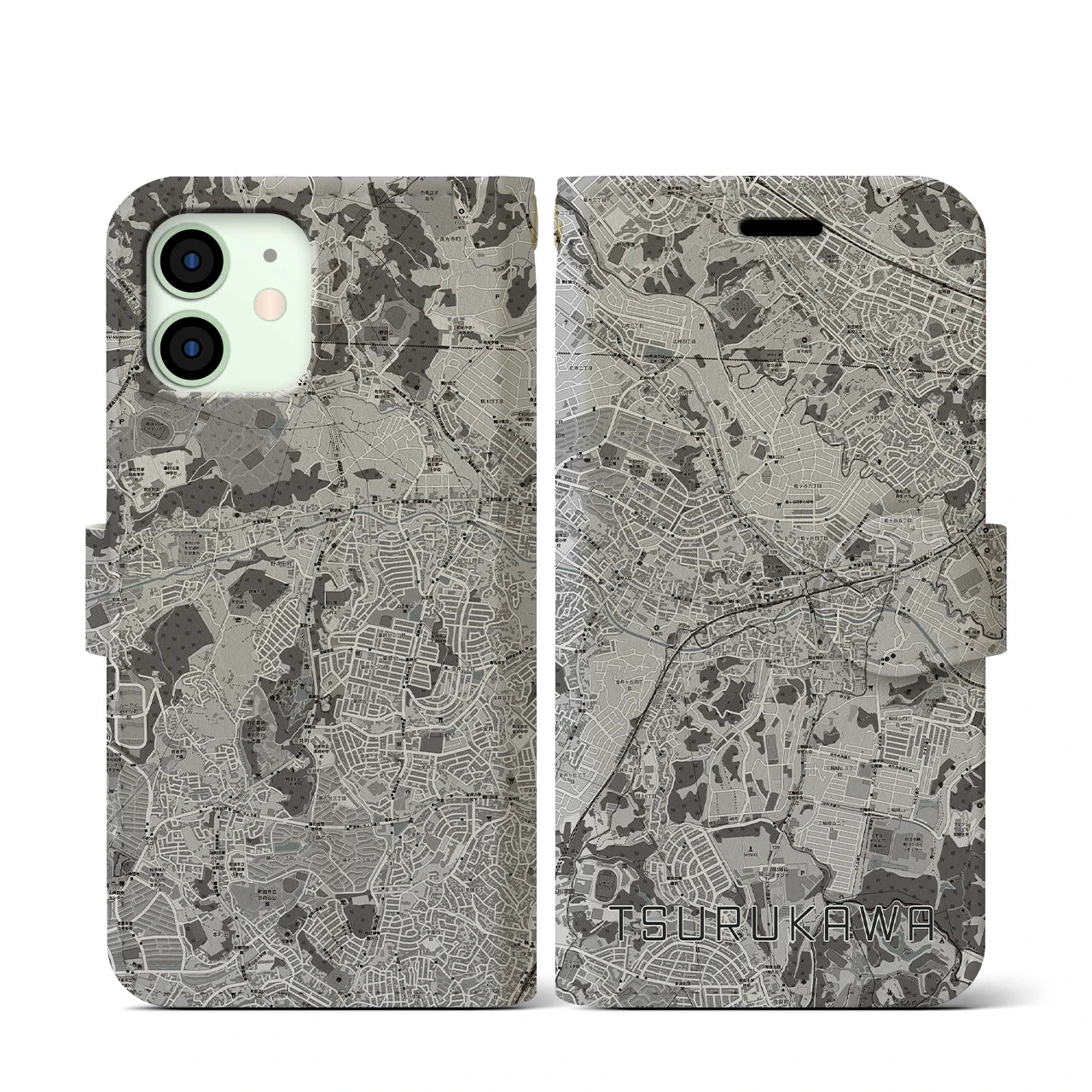【鶴川(東京都)】地図柄iPhoneケース(手帳タイプ)モノトーン・iPhone 12 mini 用