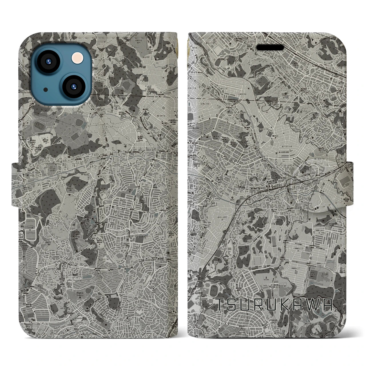 【鶴川(東京都)】地図柄iPhoneケース(手帳タイプ)モノトーン・iPhone 13 用