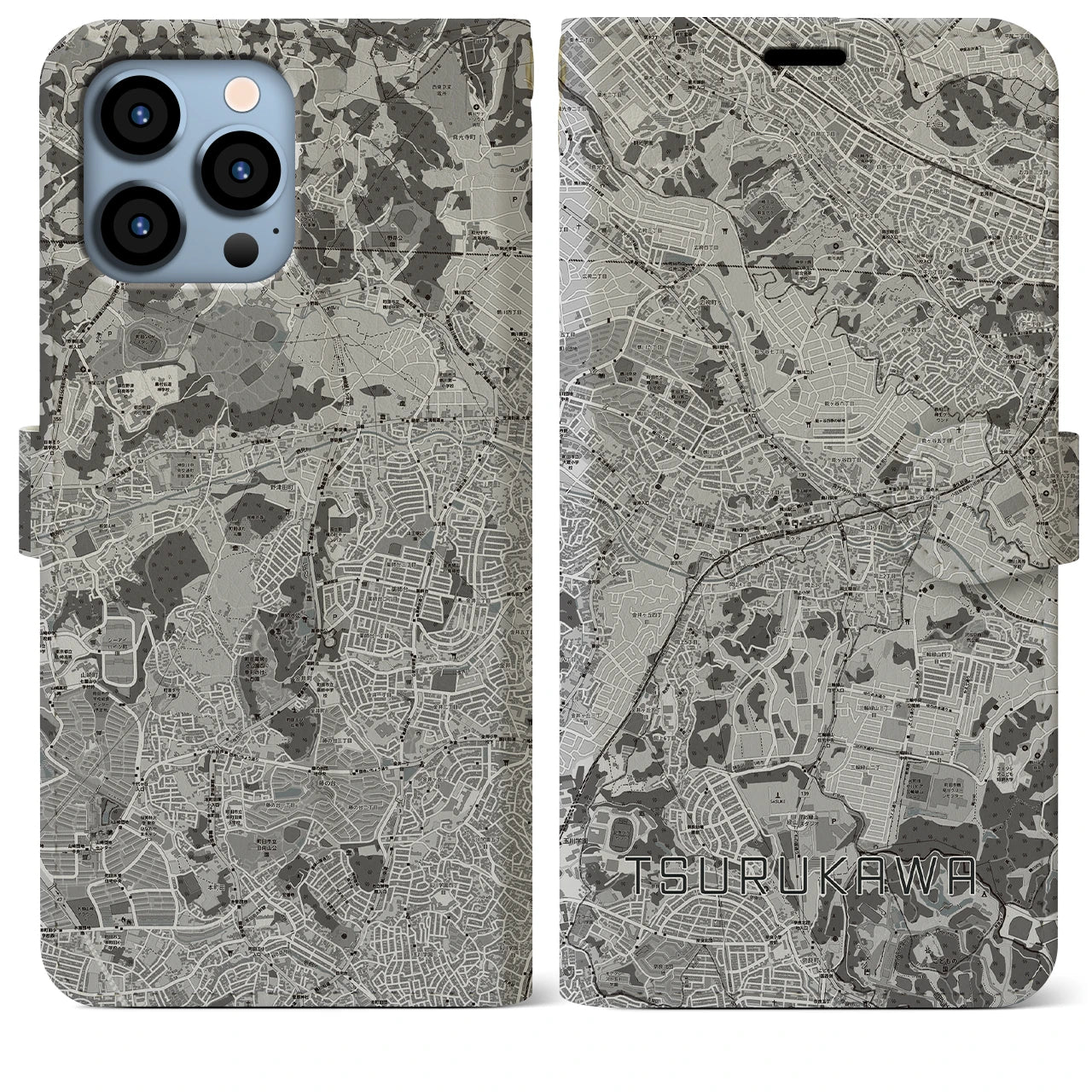 【鶴川(東京都)】地図柄iPhoneケース(手帳タイプ)モノトーン・iPhone 13 Pro Max 用