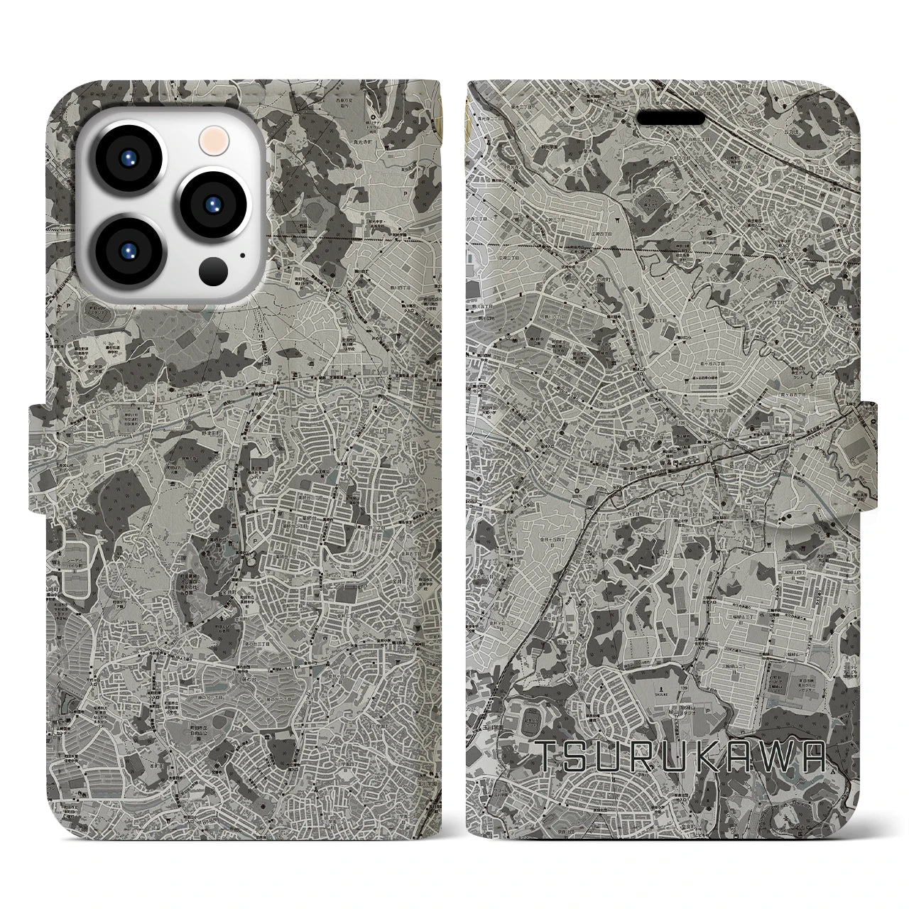 【鶴川(東京都)】地図柄iPhoneケース(手帳タイプ)モノトーン・iPhone 13 Pro 用