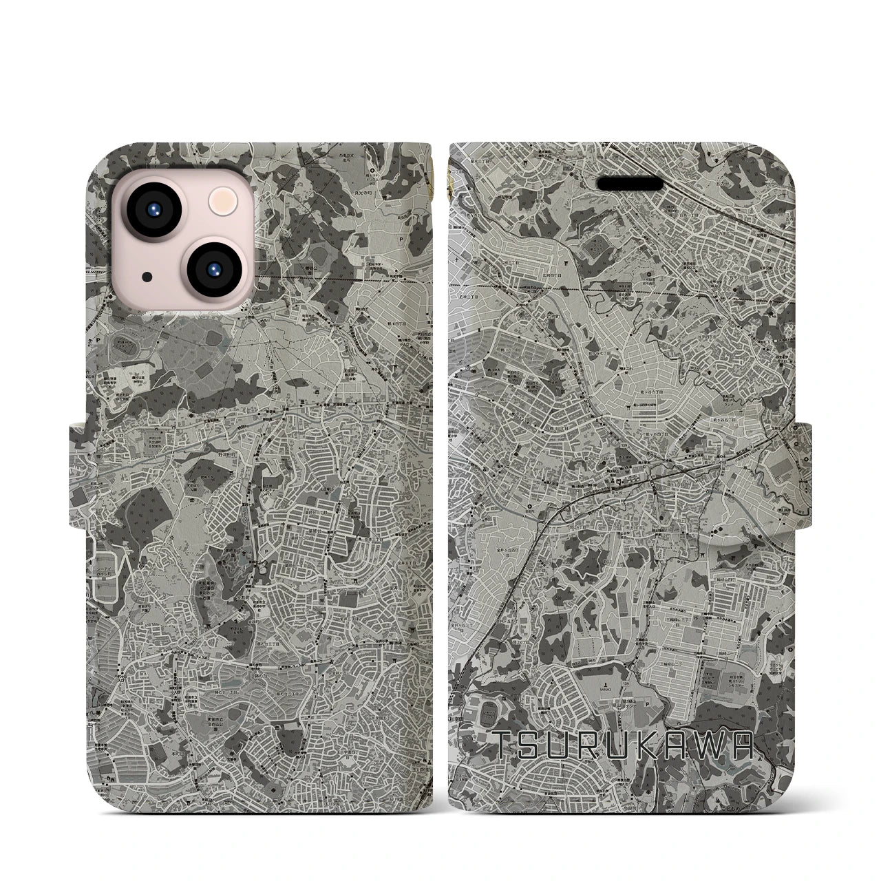 【鶴川(東京都)】地図柄iPhoneケース(手帳タイプ)モノトーン・iPhone 13 mini 用