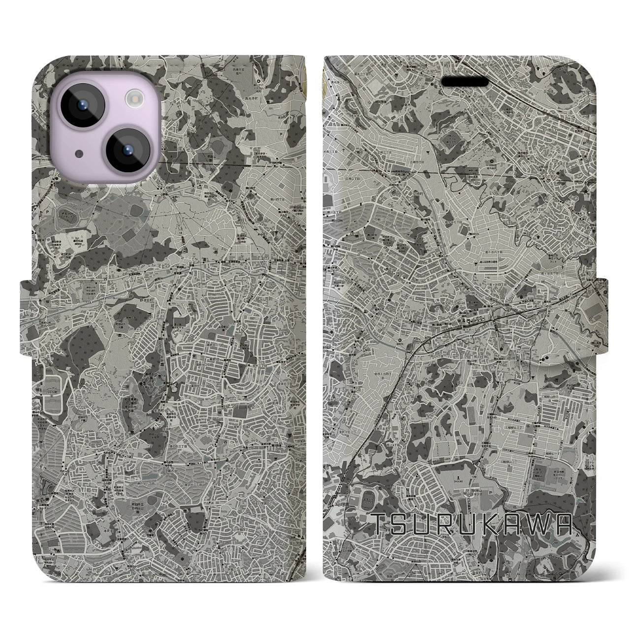 【鶴川(東京都)】地図柄iPhoneケース(手帳タイプ)モノトーン・iPhone 14 用