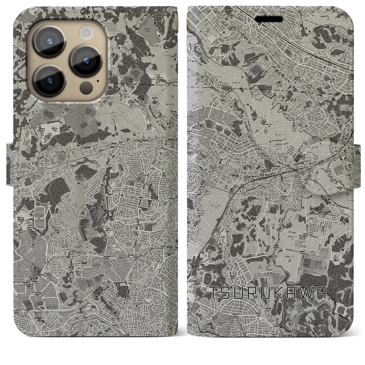 【鶴川(東京都)】地図柄iPhoneケース(手帳タイプ)モノトーン・iPhone 14 Pro Max 用