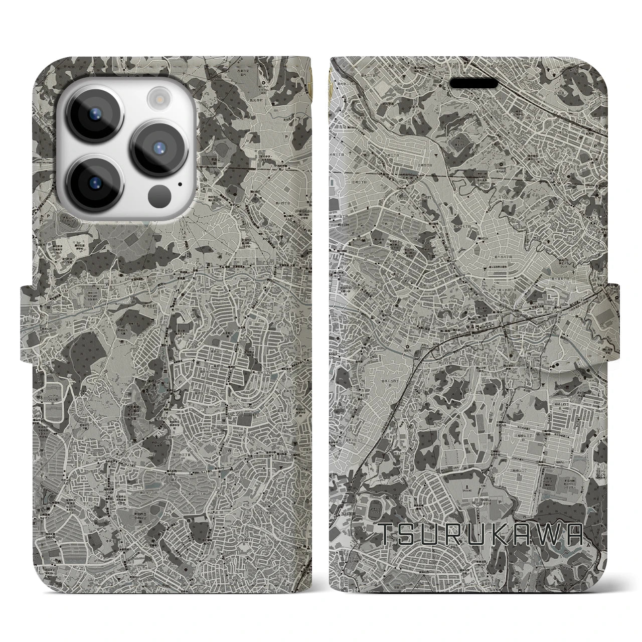 【鶴川(東京都)】地図柄iPhoneケース(手帳タイプ)モノトーン・iPhone 14 Pro 用