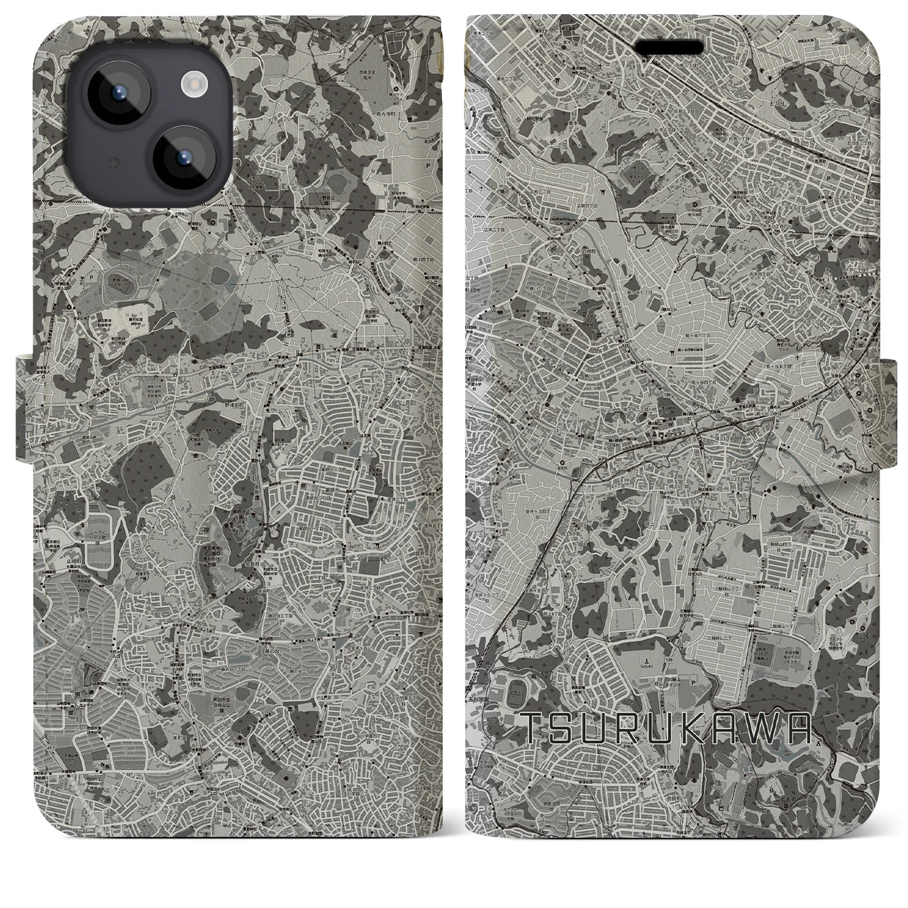 【鶴川(東京都)】地図柄iPhoneケース(手帳タイプ)モノトーン・iPhone 14 Plus 用