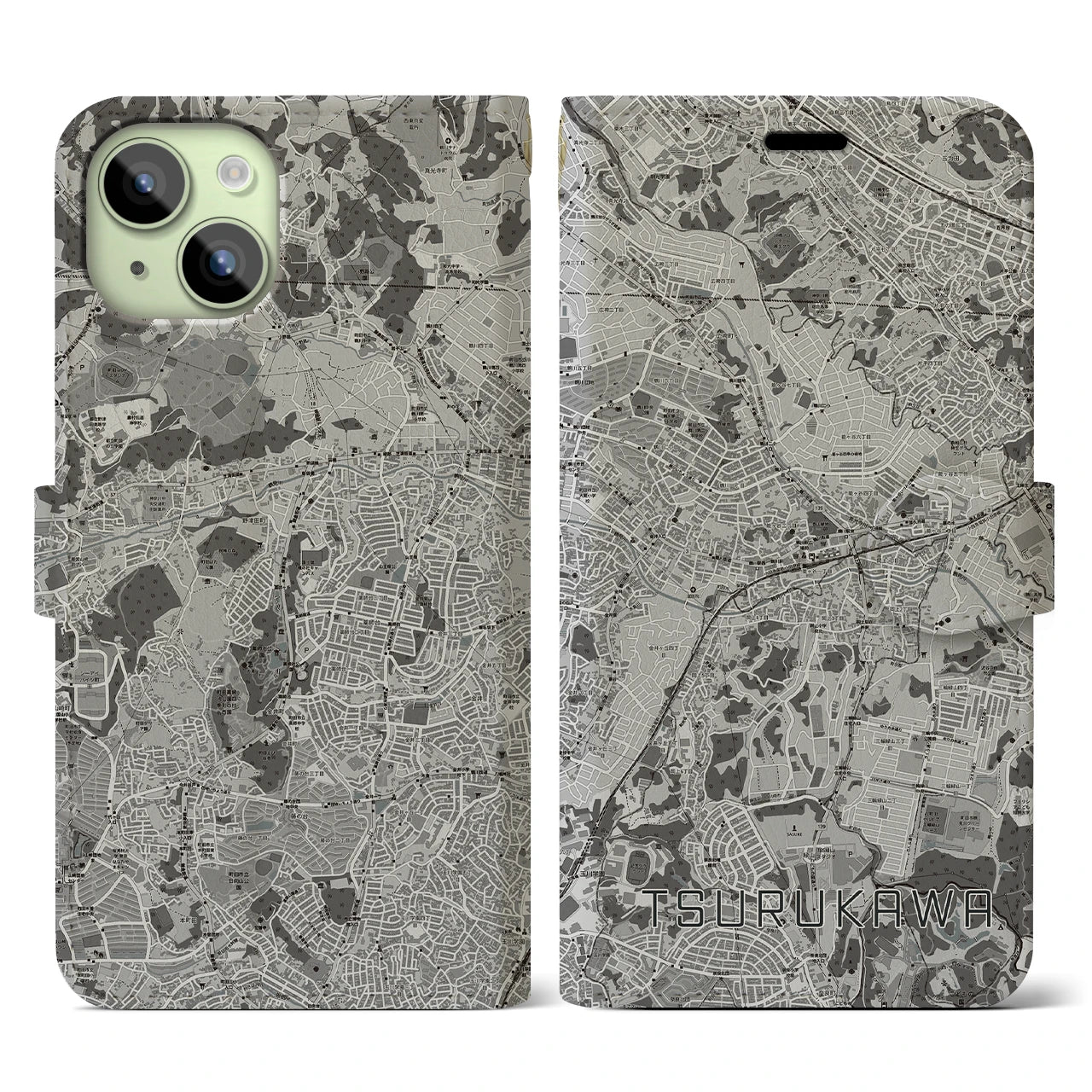 【鶴川(東京都)】地図柄iPhoneケース(手帳タイプ)モノトーン・iPhone 15 用