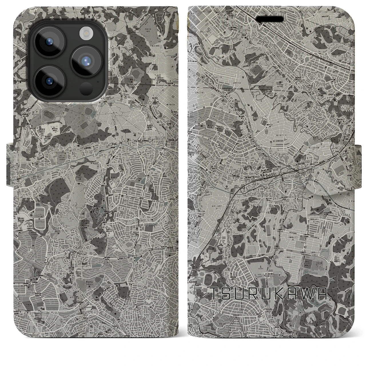【鶴川(東京都)】地図柄iPhoneケース(手帳タイプ)モノトーン・iPhone 15 Pro Max 用