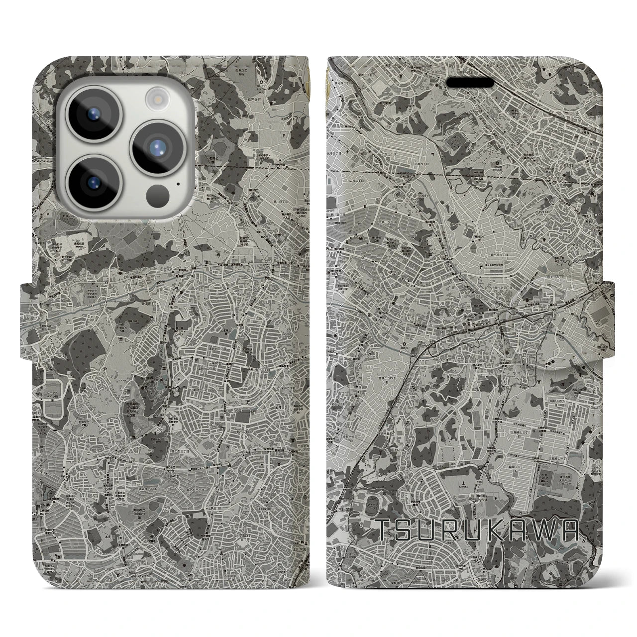 【鶴川(東京都)】地図柄iPhoneケース(手帳タイプ)モノトーン・iPhone 15 Pro 用