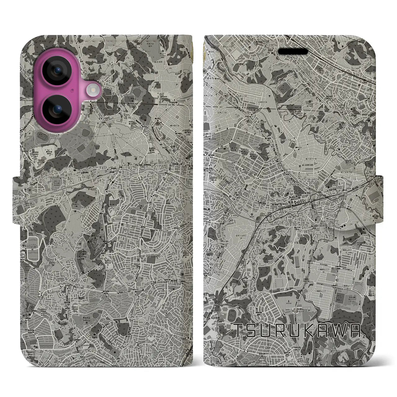 【鶴川(東京都)】地図柄iPhoneケース(手帳タイプ)モノトーン・iPhone 16 Pro 用