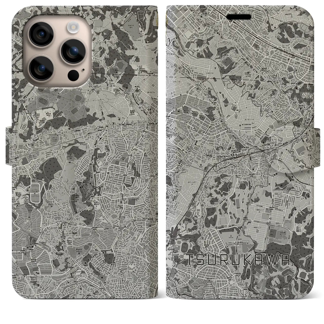 【鶴川(東京都)】地図柄iPhoneケース(手帳タイプ)モノトーン・iPhone 16 Plus 用
