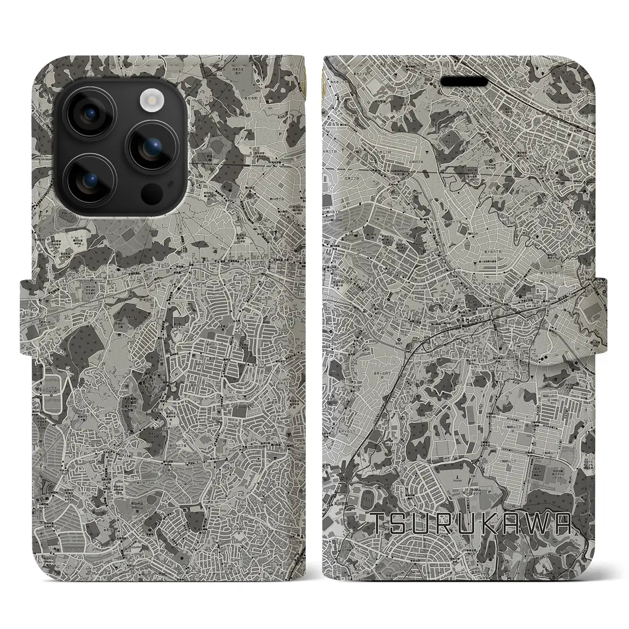 【鶴川(東京都)】地図柄iPhoneケース(手帳タイプ)モノトーン・iPhone 16 用