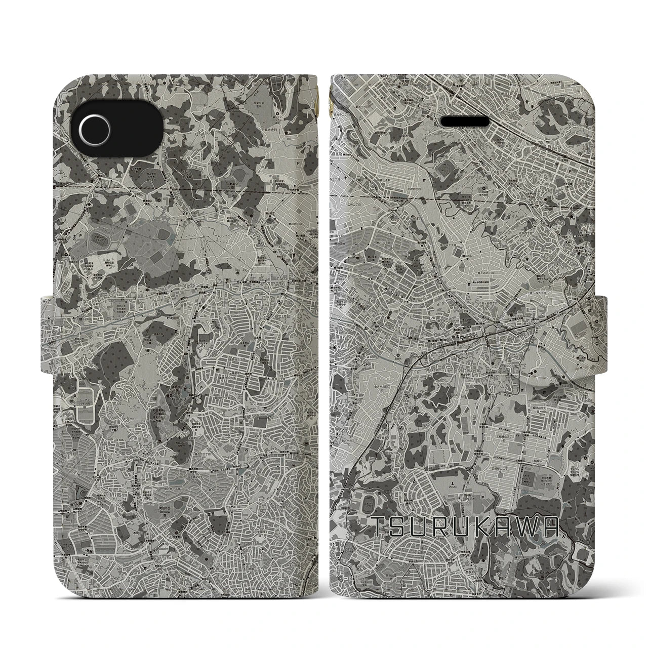 【鶴川(東京都)】地図柄iPhoneケース(手帳タイプ)モノトーン・iPhone SE(第3 / 第2世代) / 8 / 7 / 6s / 6 用