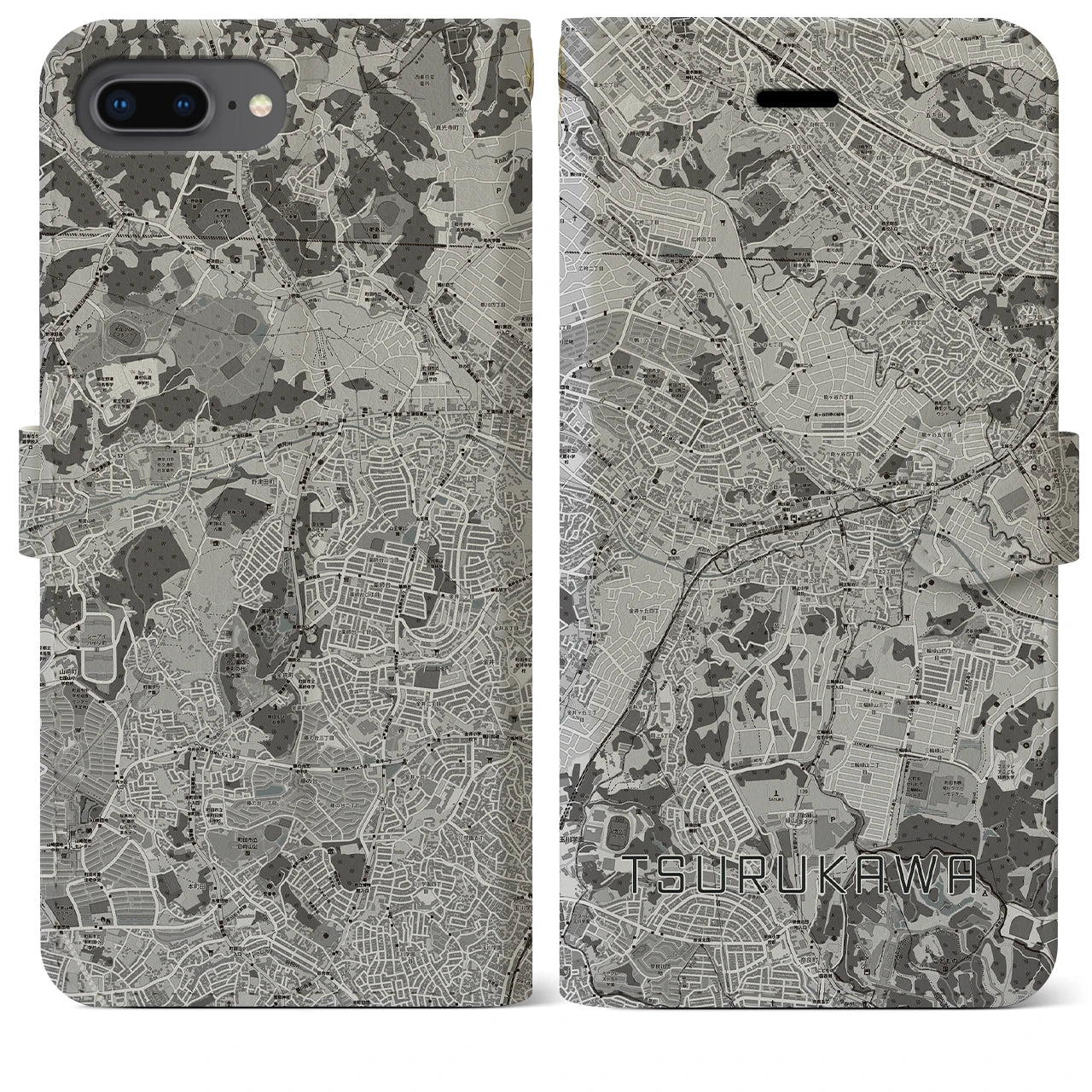【鶴川(東京都)】地図柄iPhoneケース(手帳タイプ)モノトーン・iPhone 8Plus /7Plus / 6sPlus / 6Plus 用