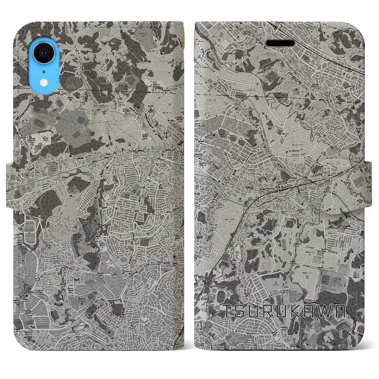 【鶴川(東京都)】地図柄iPhoneケース(手帳タイプ)モノトーン・iPhone XR 用