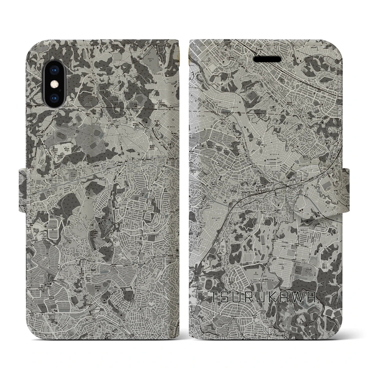 【鶴川(東京都)】地図柄iPhoneケース(手帳タイプ)モノトーン・iPhone XS / X 用