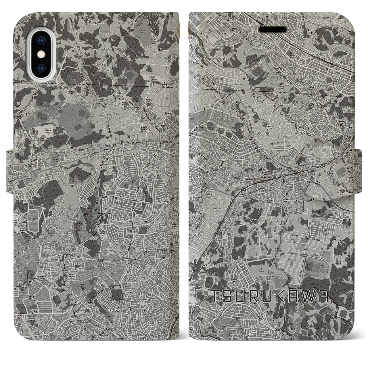 【鶴川(東京都)】地図柄iPhoneケース(手帳タイプ)モノトーン・iPhone XS Max 用