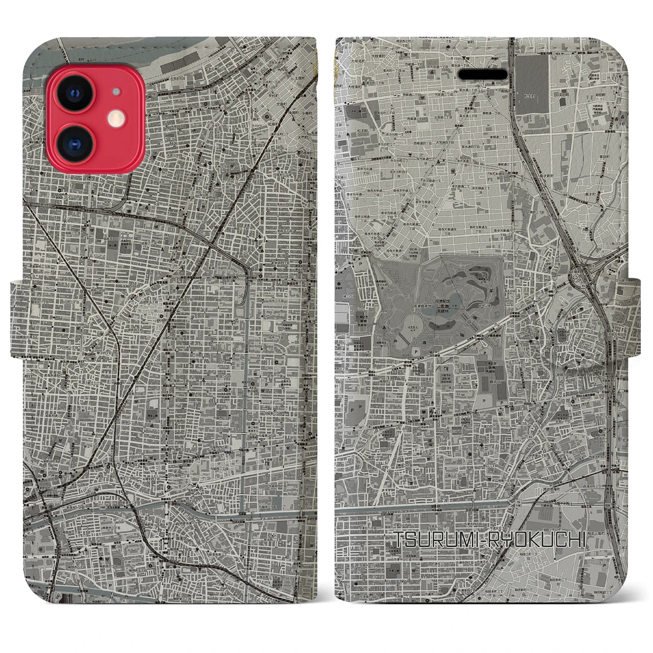 【鶴見緑地(大阪府)】地図柄iPhoneケース(手帳タイプ)モノトーン・iPhone 11 用