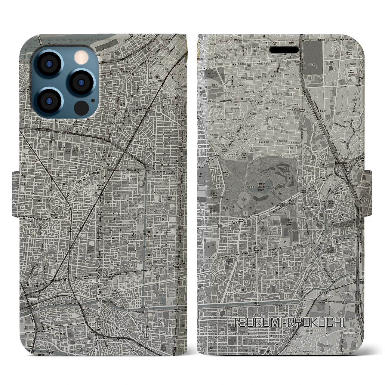 【鶴見緑地(大阪府)】地図柄iPhoneケース(手帳タイプ)モノトーン・iPhone 12 / 12 Pro 用