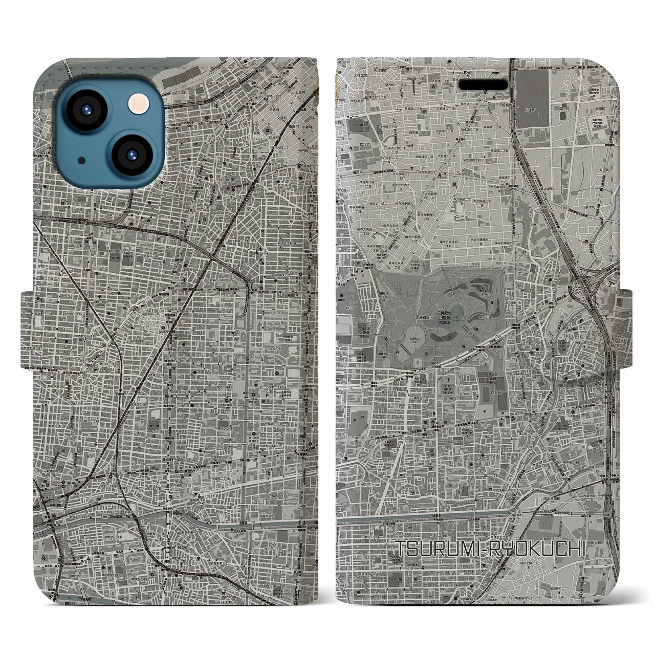 【鶴見緑地(大阪府)】地図柄iPhoneケース(手帳タイプ)モノトーン・iPhone 13 用